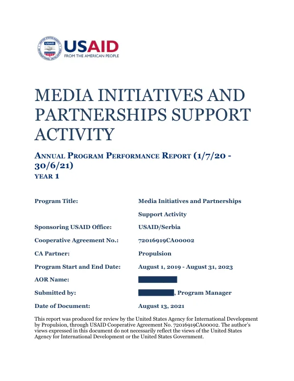 Media Initiatives and Partnerships Support Activity – Annual Program Performance Report Y1