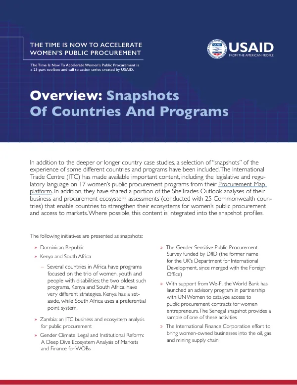 The Time is Now to Accelerate Women's Public Procurement: Overview: Snapshots of Countries and Programs
