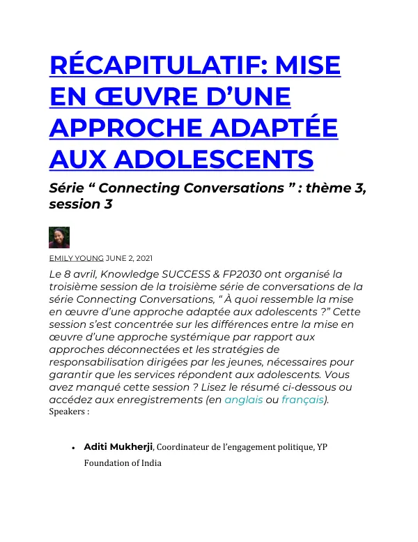 RÉCAPITULATIF: MISE EN ŒUVRE D’UNE APPROCHE ADAPTÉE AUX ADOLESCENTS
