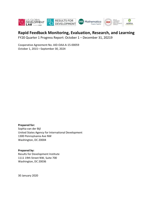 Rapid Feedback Monitoring, Evaluation, Research, and Learning FY20 Quarter 1 Progress Report: October 1 – December 31, 2021