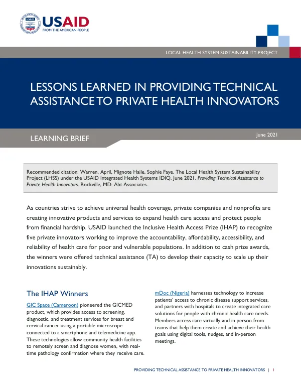 Lessons Learned in Providing Technical Assistance to Private Health Innovators