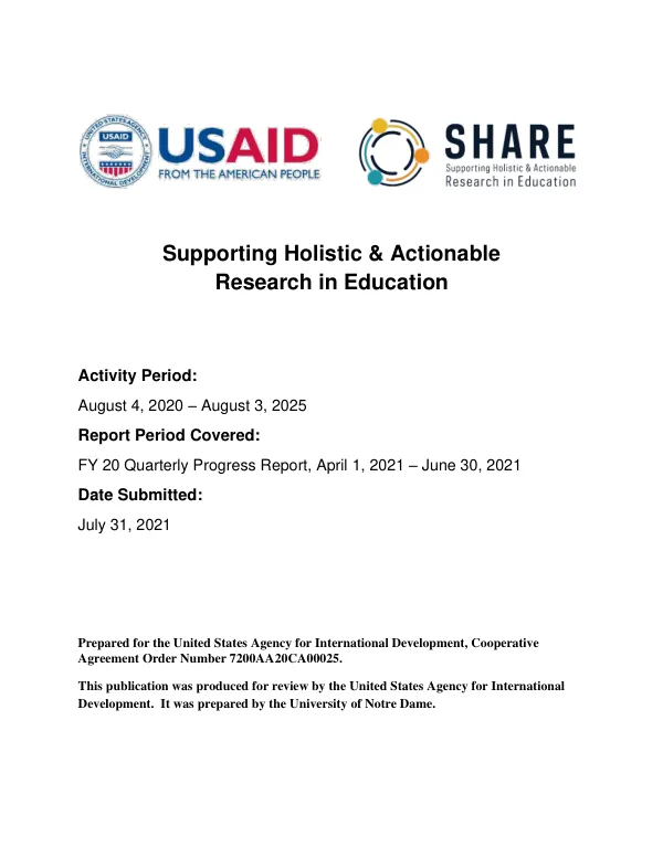Supporting Holistic & Actionable Research in Education: FY 20 Quarterly Progress Report