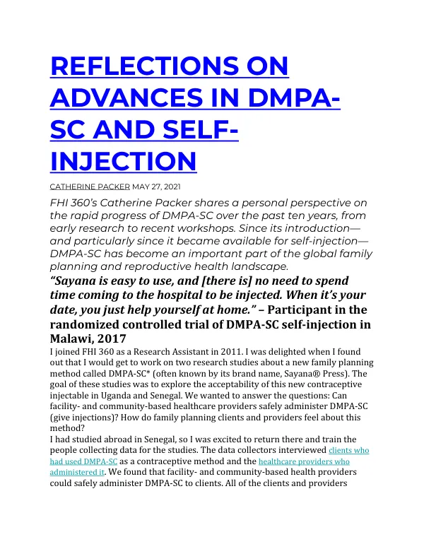 Reflections on Advances in DMPA-SC and Self-Injection