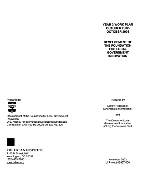 Year 2 work plan, October 2002-October 2003 : development of the foundation for local government innovation