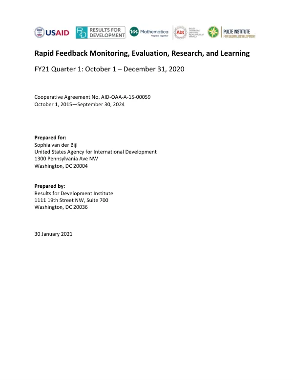 Rapid Feedback Monitoring, Evaluation, Research, and Learning FY21 Quarter 1: October 1 – December 31, 2020