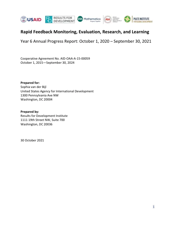 Rapid Feedback Monitoring, Evaluation, Research, and Learning Year 6 Annual Progress Report: October 1, 2020 – September 30, 2021