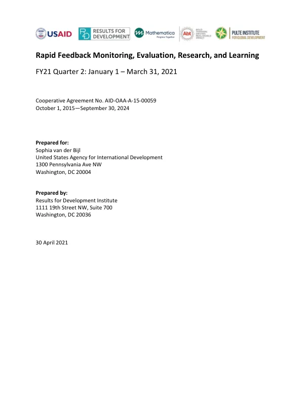 Rapid Feedback Monitoring, Evaluation, Research, and Learning: FY21 Quarter 2 Report