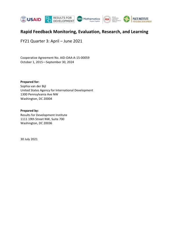 Rapid Feedback Monitoring, Evaluation, Research, and Learning: FY21 Quarter 3 Report