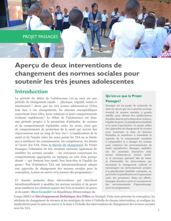 Aperçu de deux interventions de changement des normes sociales pour soutenir les très jeunes adolescentes