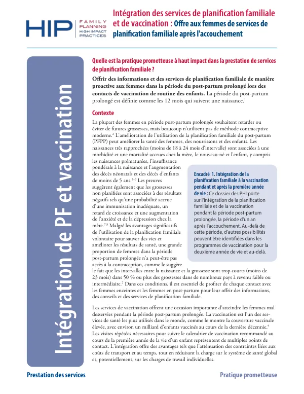 Intégration de la planification familiale à la vaccination pendant et après la première année de vie