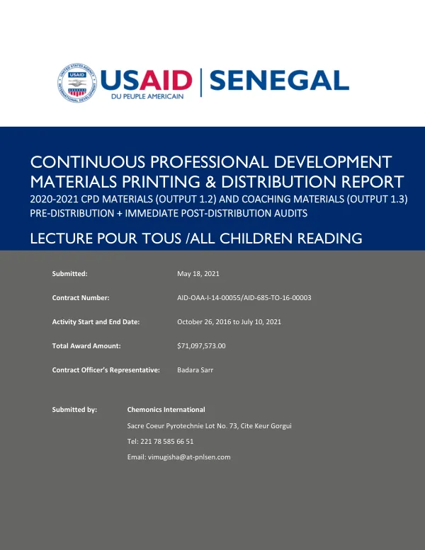 Continuous Professional Development Materials Printing & Distribution Report 2020-2021 CPD Materials (Output 1.2) and Coaching Materials (Output 1.3)