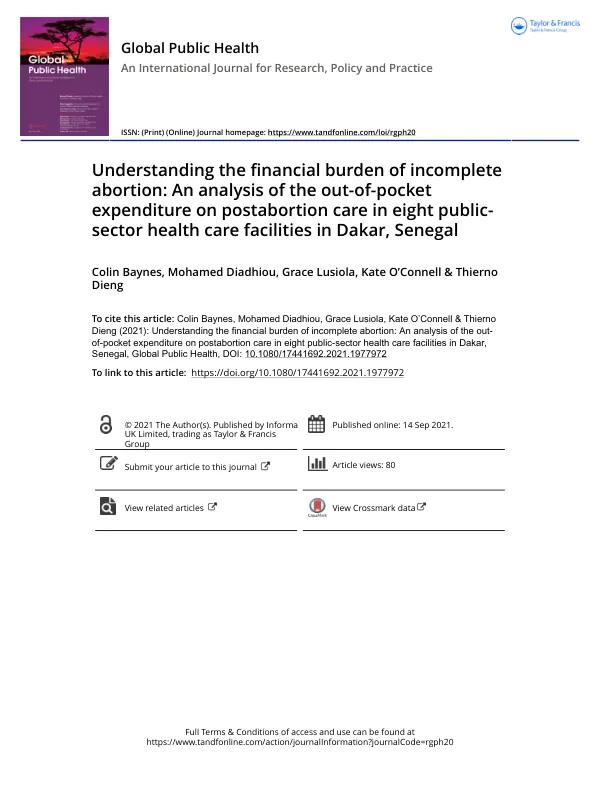 Understanding the financial burden of incomplete abortion: An analysis of the out-of-pocket expenditure on postabortion care in eight public-sector health care facilities in Dakar, Senegal