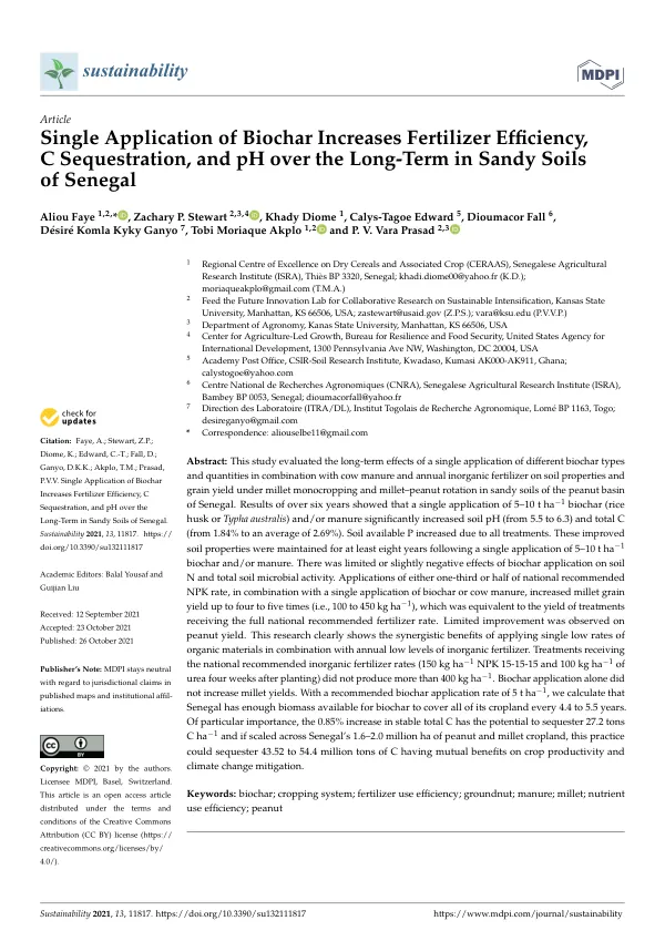 Single Application of Biochar Increases Fertilizer Efficiency, C Sequestration, and pH over the Long-Term in Sandy Soils of Senegal