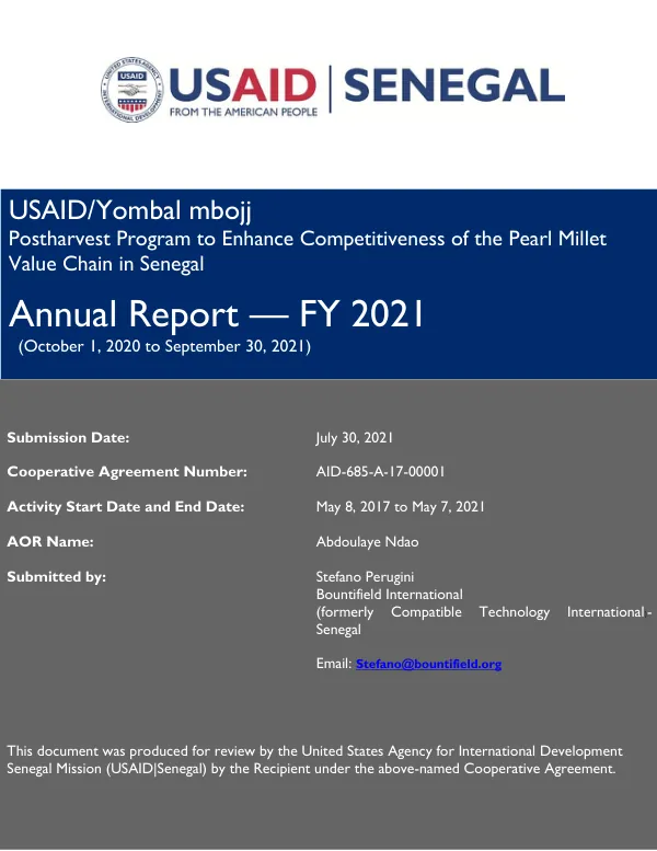 USAID/Yombal mbojj Postharvest Program to Enhance Competitiveness of the Pearl Millet Value Chain in Senegal Annual Report — FY 2021
