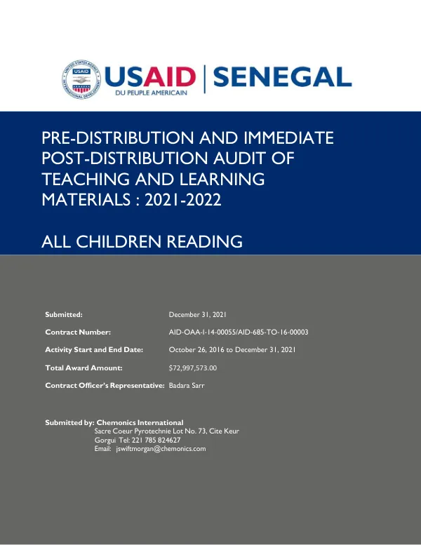 Pre-Distribution and Immediate Post-Distribution Audit of Teaching and Learning Materials : 2021-2022