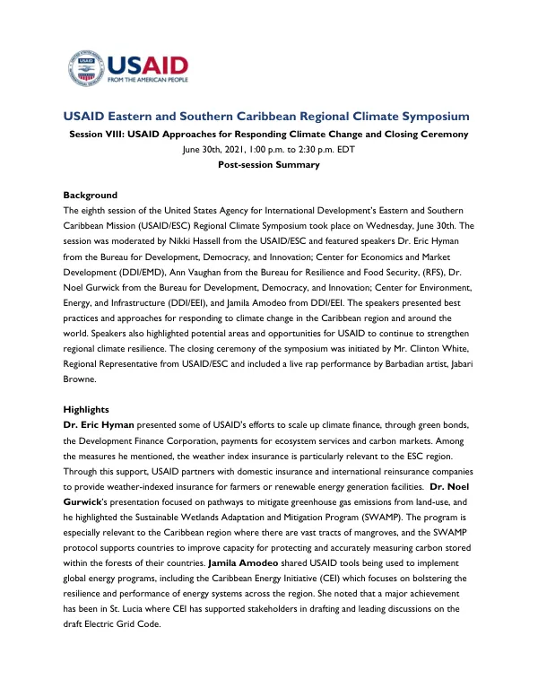 USAID Eastern and Southern Caribbean Regional Climate Symposium Session VIII Summary