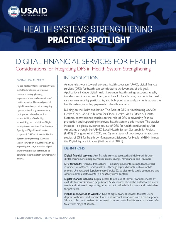 Digital Financial Services for Health: Consideration for Integrating DFS in Health Systems Strengthening