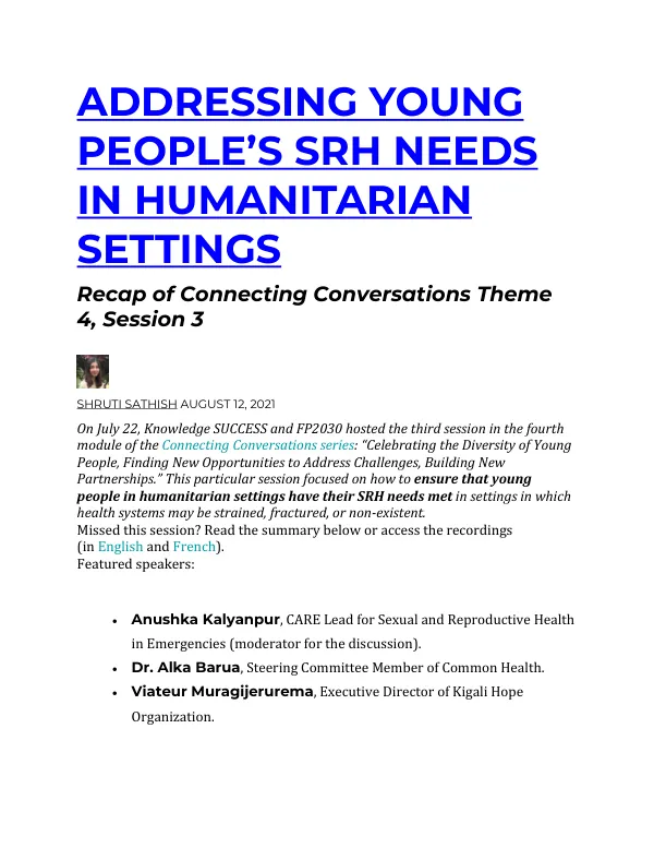 Addressing Young People’s SRH Needs in Humanitarian Settings