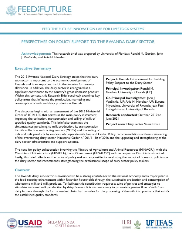 Perspectives on Policy Support to the Rwanda Dairy Sector