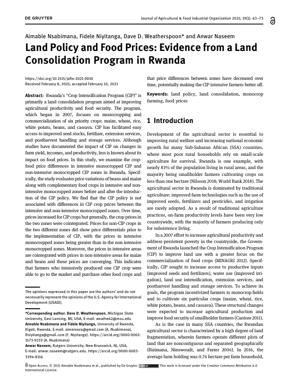 Land Policy and Food Prices: Evidence from a Land Consolidation Program in Rwanda