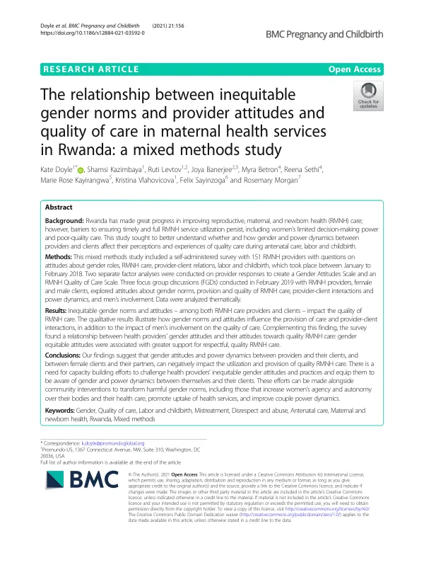 The relationship between inequitable gender norms and provider attitudes and quality of care in maternal health services in Rwanda: a mixed methods study