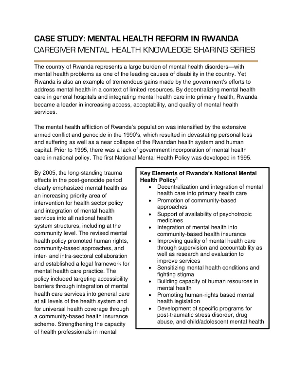 CASE STUDY: MENTAL HEALTH REFORM IN RWANDA CAREGIVER MENTAL HEALTH KNOWLEDGE SHARING SERIES