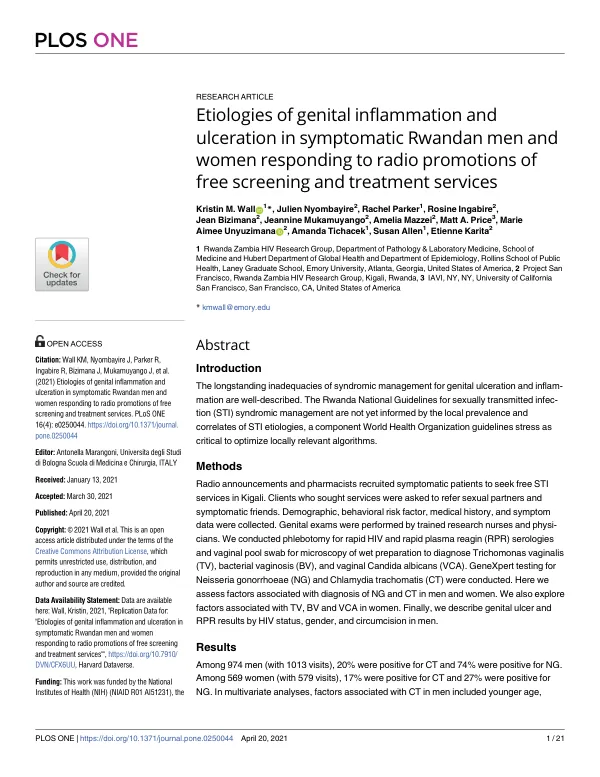 Etiologies of genital inflammation and ulceration in symptomatic Rwandan men and women responding to radio promotions of free screening and treatment services