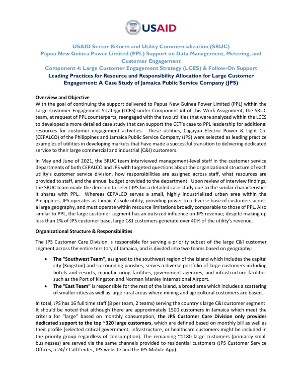USAID Sector Reform and Utility Commercialization (SRUC) Papua New Guinea Power Limited (PPL) Support on Data Management, Metering, and Customer Engagement Component 4: Large Customer Engagement Strategy (LCES) & Follow-On Support