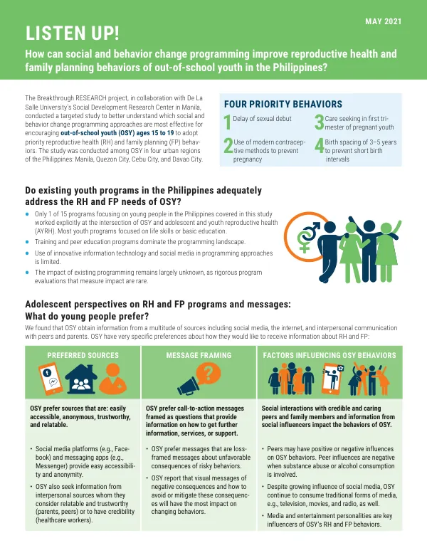 Listen Up!: How can social and behavior change programming improve reproductive health and family planning behaviors of out-of-school youth in the Philippines?