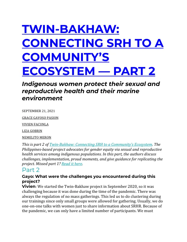 Twin-Bakhaw: Connecting SRH to a Community’s Ecosystem — Part 2