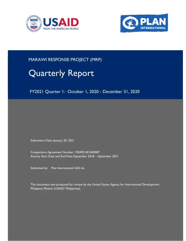 Marawi Response Project (MRP) Quarterly Report FY2021 Quarter 1: October 1, 2020 - December 31, 2020