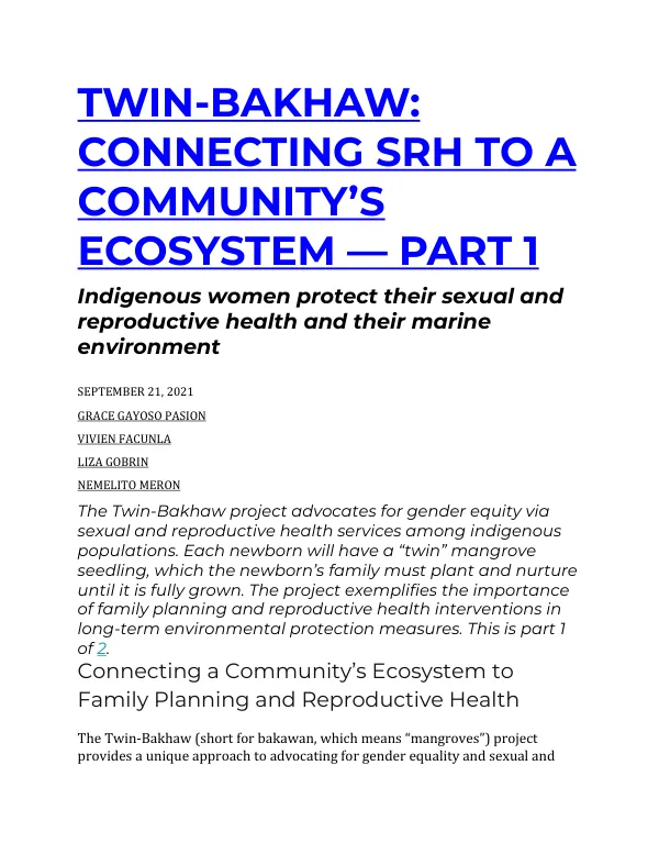 TWIN-BAKHAW: Connecting SRH to a Community’s Ecosystem — Part 1