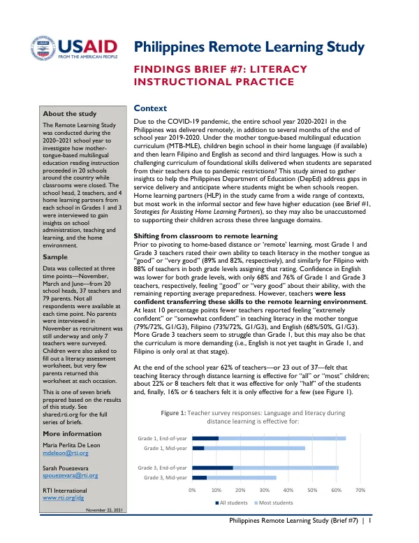 Philippines Remote Learning Study: Findings Brief 7: Literacy Instructional Practice