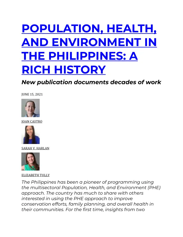 The History of Population, Health, and Environment Approaches in the Philippines
