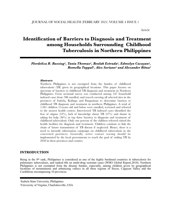 Identification of Barriers to Diagnosis and Treatment among Households Surrounding Childhood Tuberculosis in Northern Philippines