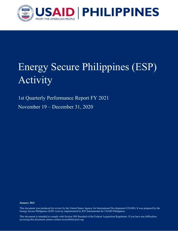 1st Quarterly Performance Report FY 2021: Energy Secure Philippines (ESP) Activity