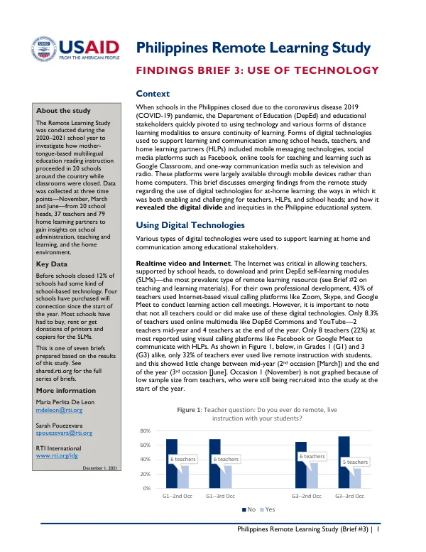 Philippines Remote Learning Study (Brief #3): Use of Technology
