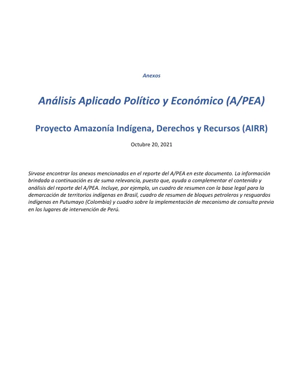 Análisis Aplicado Político y Económico (A/PEA) Proyecto Amazonía Indígena, Derechos y Recursos (AIRR)