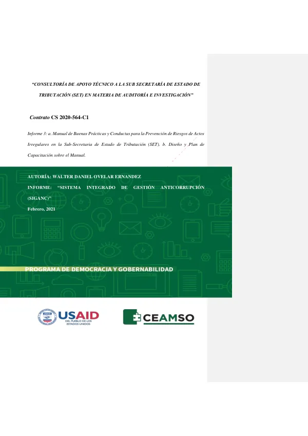 CONSULTORÍA DE APOYO TÉCNICO A LA SUB SECRETARÍA DE ESTADO DE TRIBUTACIÓN (SET) EN MATERIA DE AUDITORÍA E INVESTIGACIÓN