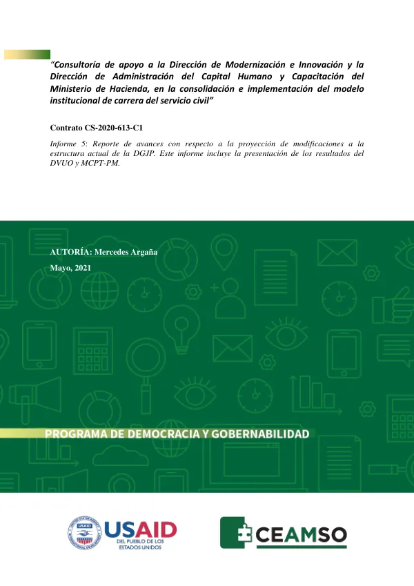 Consultoría de apoyo a la Dirección de Modernización e Innovación y la Dirección de Administración del Capital Humano y Capacitación del Ministerio de Hacienda, en la consolidación e implementación del modelo institucional de carrera del servicio civil