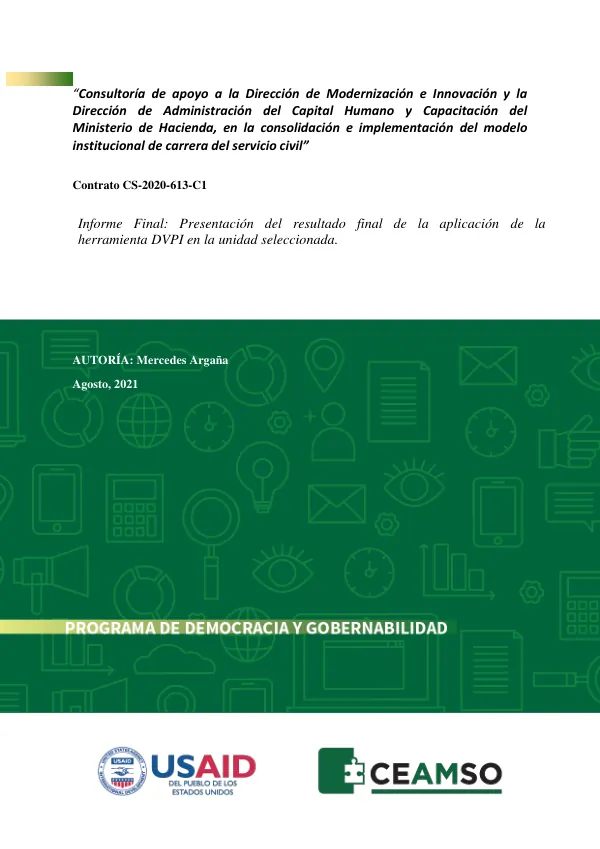 Consultoría de apoyo a la Dirección de Modernización e Innovación y la Dirección de Administración del Capital Humano y Capacitación del Ministerio de Hacienda, en la consolidación e implementación del modelo institucional de carrera del servicio civil