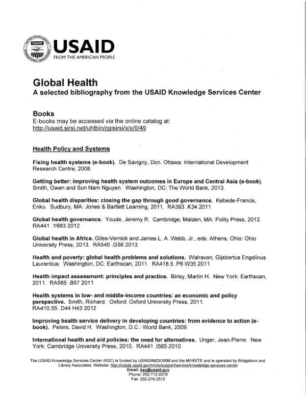 A selected bibliography from the USAID Knowledge Services Center