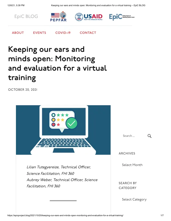 Monitoring and evaluation for a virtual training