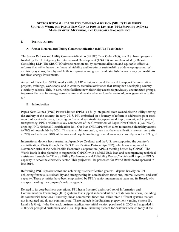 Sector Reform and Utility Commercialization (SRUC) Task Order for Papua New Guinea Power Limited (PPL) Support on Data Management, Metering, and Customer Engagement