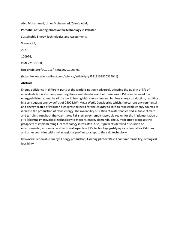 Potential of Floating Photovoltaic Technology in Pakistan