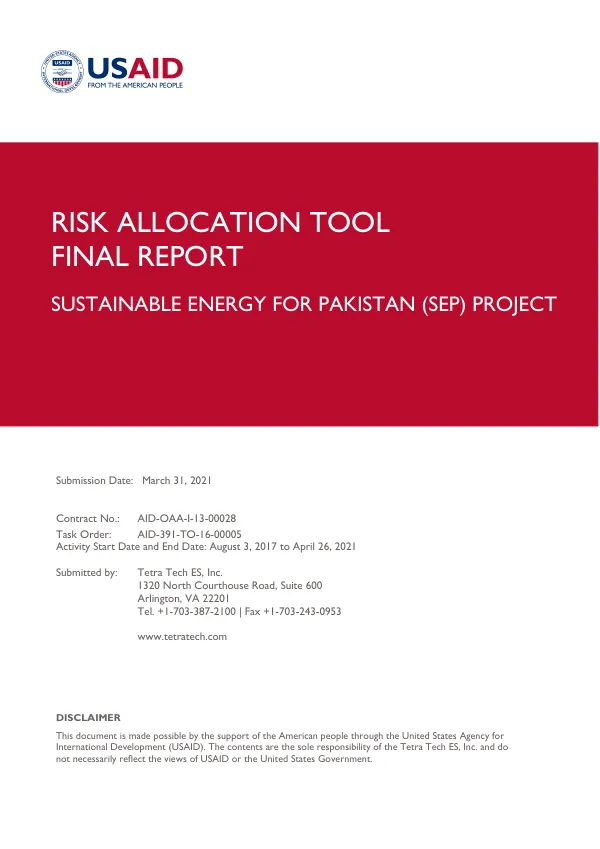 Risk Allocation Tool – Final Report: Sustainable Energy for Pakistan (SEP) Project