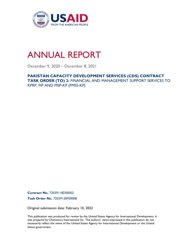 YEAR 1 ANNUAL REPORT – PAKISTAN CDS TASK ORDER 2 – FMSS-KP