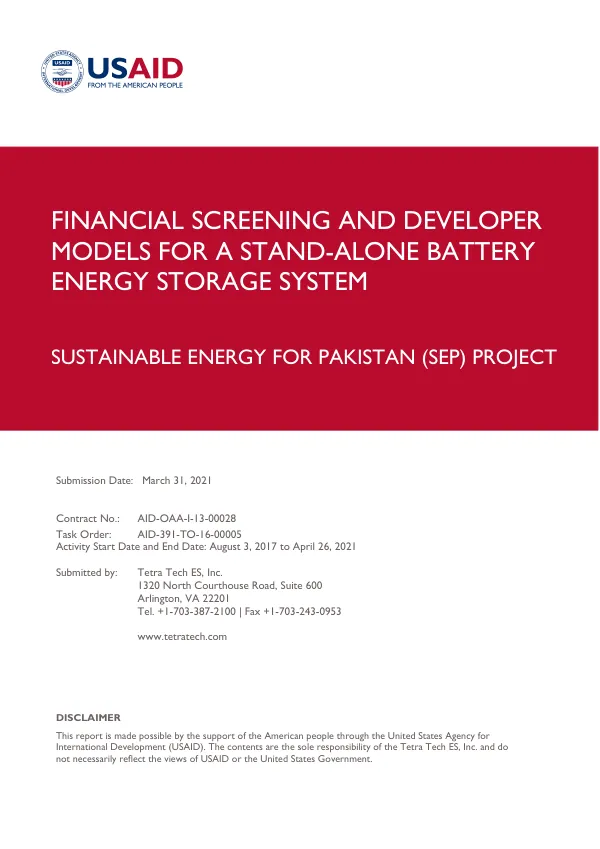Financial Screening and Developer Models for a Stand-Alone Battery Energy Storage System