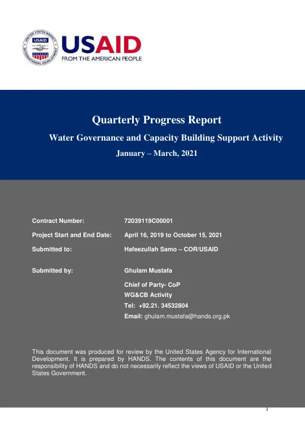 Quarterly Progress Report: Water Governance and Capacity Building Support Activity