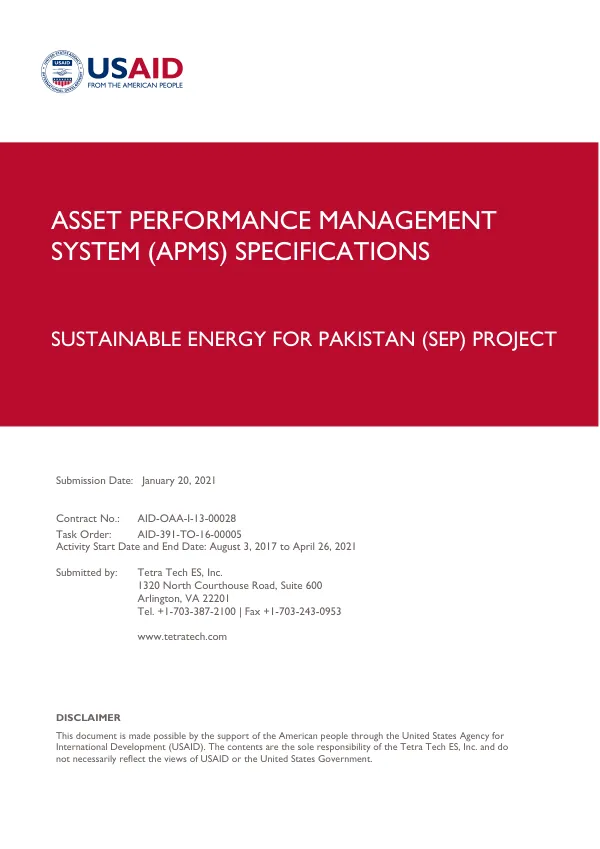 Asset Performance Management System (APMS) Specifications for Sustainable Energy for Pakistan (SEP) Project